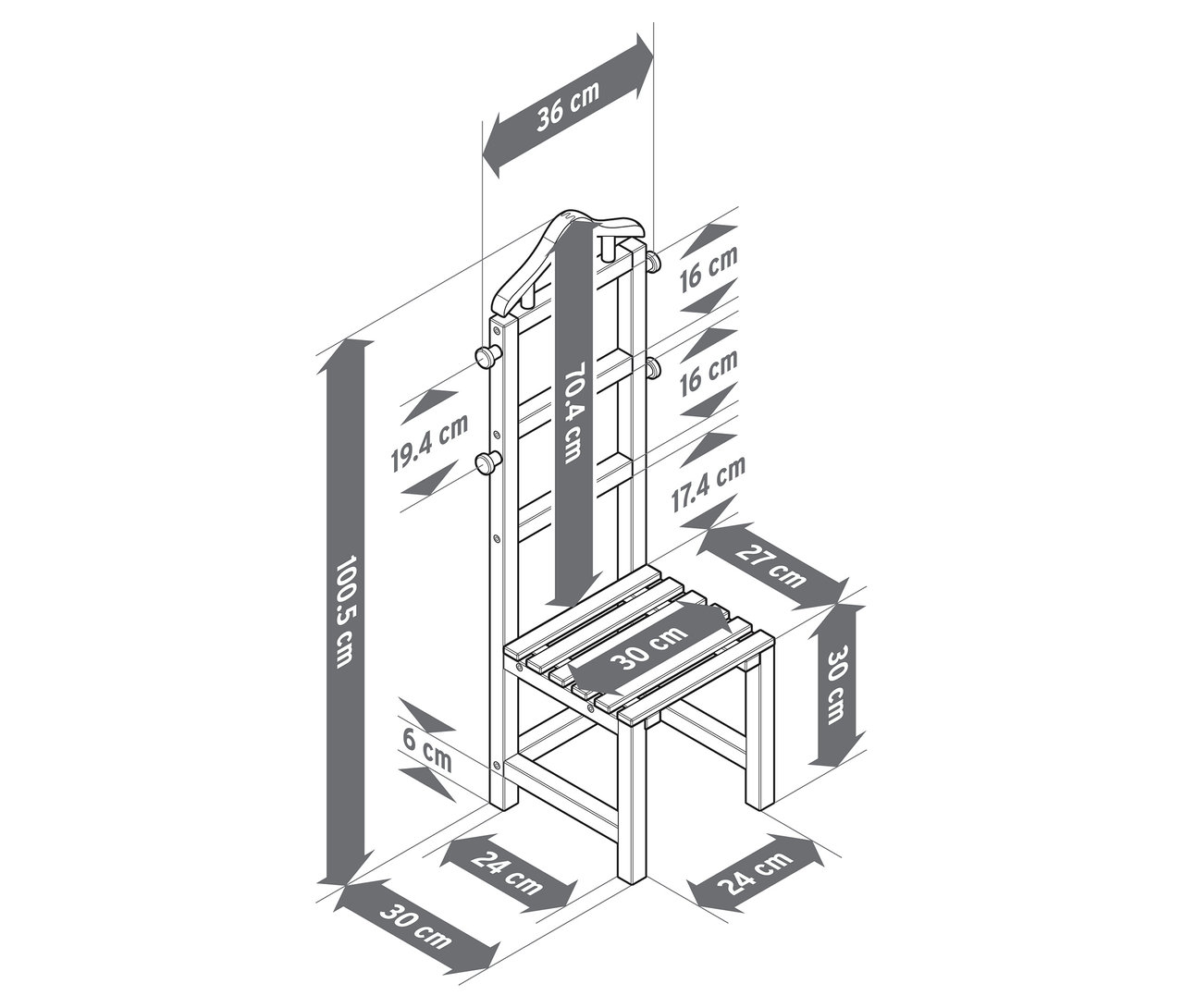Abbildung eines stummen Dieners für Kinder mit Maßangaben.