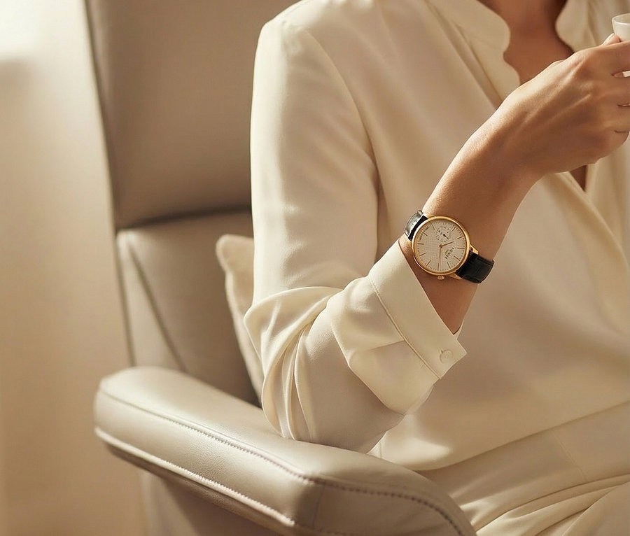 Frau mit goldener Armbanduhr und schwarzem Lederarmband sitzt in einem Sessel und hält eine Tasse.