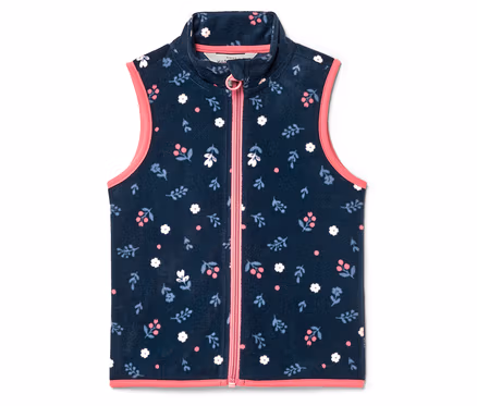 Marineblaue Fleeceweste mit durchgehendem Reißverschluss und rosa Paspelierung, bedeckt mit einem Blumenmuster.