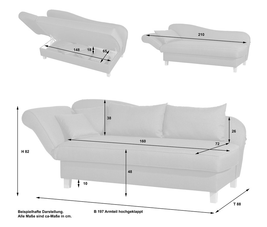 Skizze der Recamiere »Saturn« mit Stauraum, links, floral, mit Maßangaben zu Höhe, Breite und Tiefe, sowie Details zum Stauraum.