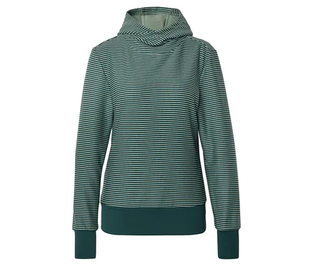Gestreifter, grün-grauer Kapuzenpullover mit langen Ärmeln und dunklerem Bund an Saum und Ärmeln.