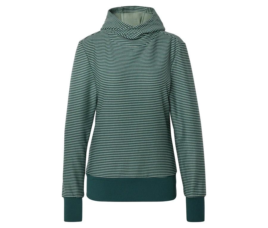 Gestreifter, grün-grauer Kapuzenpullover mit langen Ärmeln und dunklerem Bund an Saum und Ärmeln.