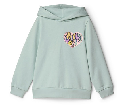 Hellgrüner SMILEYWORLD® Hoodie mit einem bunten herzförmigen Grafikdruck auf der linken Brust, der die Worte 'SMILEY WORLD' und ein Smiley-Gesicht zeigt.
