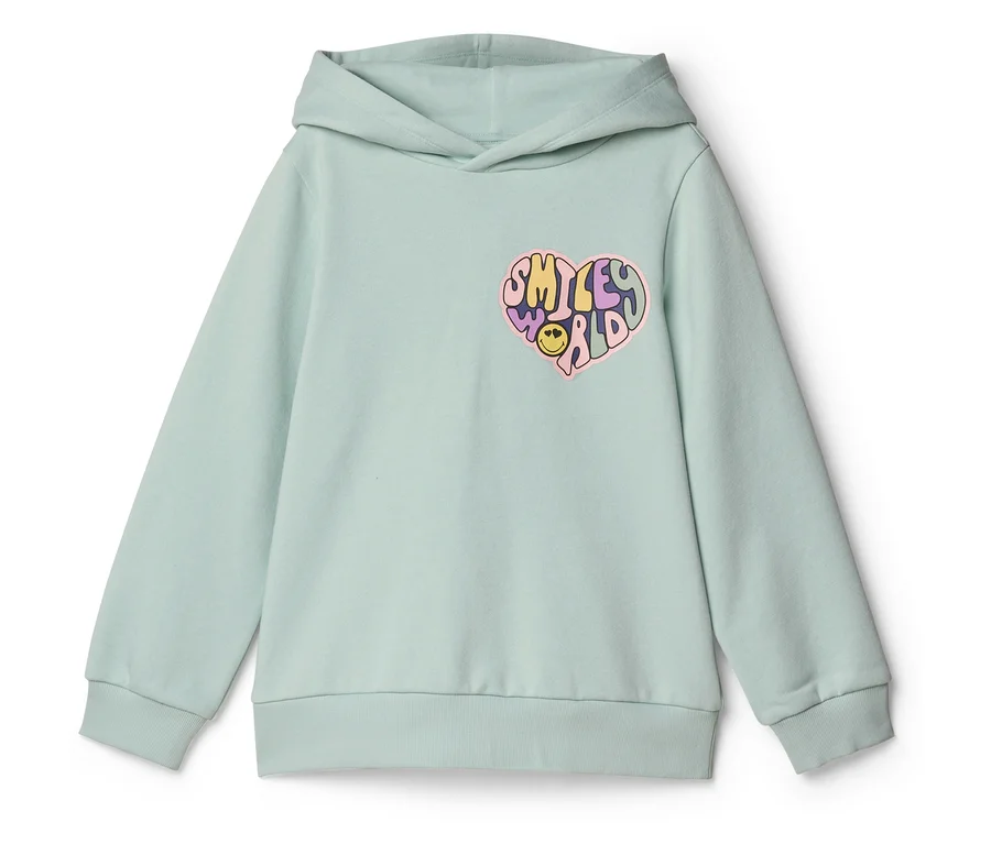 Hellgrüner SMILEYWORLD® Hoodie mit einem bunten herzförmigen Grafikdruck auf der linken Brust, der die Worte 'SMILEY WORLD' und ein Smiley-Gesicht zeigt.