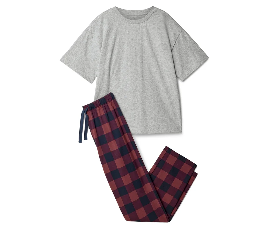 Graues T-Shirt und rot-blau karierte Kinder-Pyjamahose, 2 Kinder-Pyjamas.