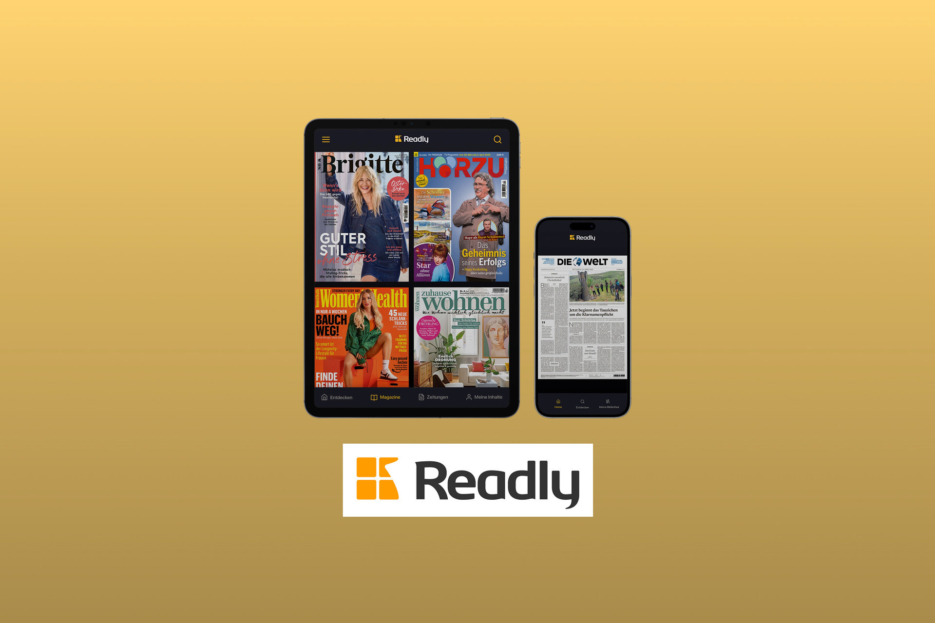 Auf einem Tablet und Smartphone sind Zeitschriften-Cover der Readly-App zu sehen. Darunter steht das Readly-Logo.