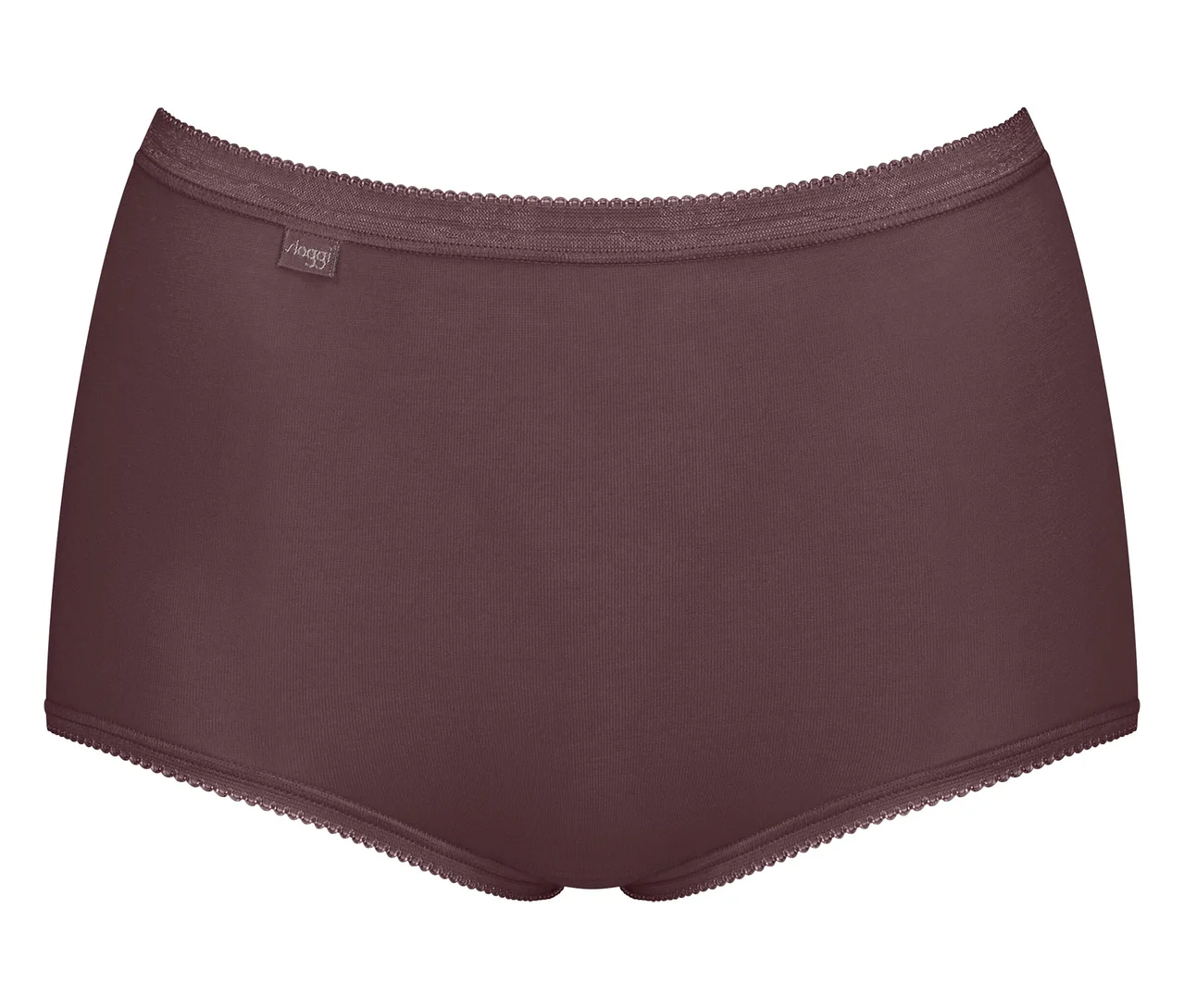 Dunkelbrauner Slip mit Sloggi-Logo am Bund und gewelltem Rand an Taille und Beinöffnungen.