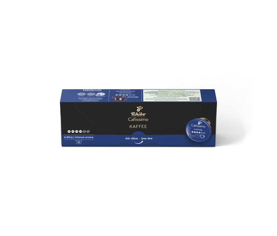 Dunkelblaue Packung Cafissimo Kaffee kräftig mit 10 Kapseln, mit "kräftig | intense aroma" und "Hier öffnen" Aufschrift.