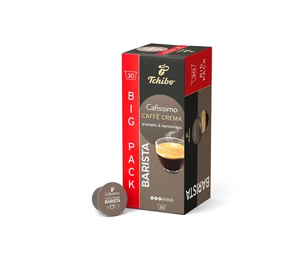 Eine Packung Tchibo Cafissimo Caffe Crema Barista Kaffeekapseln steht auf einem weißen Hintergrund.