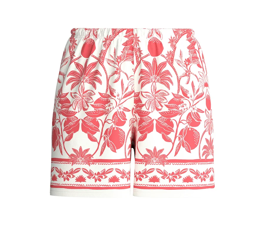 CALIDA »Favorites Beach« Shorts, weiß mit korallenrotem Tropenmuster aus Blättern, Blüten und Früchten, mit Gummibund und Zierborte am Saum.
