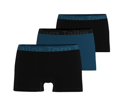 Drei Tom Tailor Slipboxer »Buffer«, zwei schwarze und ein dunkelblauer, gestapelt mit Tom Tailor Logo am Bund.