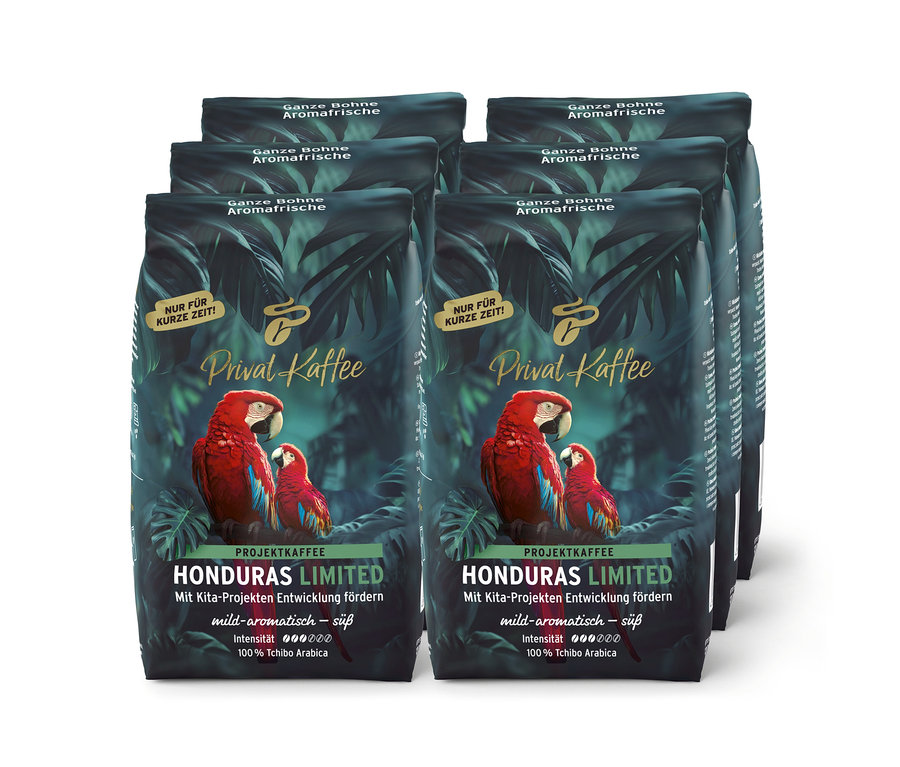 Sechs dunkelgrüne Privat Kaffee Limited Edition Honduras Kaffeepackungen mit tropischen Blättern und roten Aras, ganze Bohne.