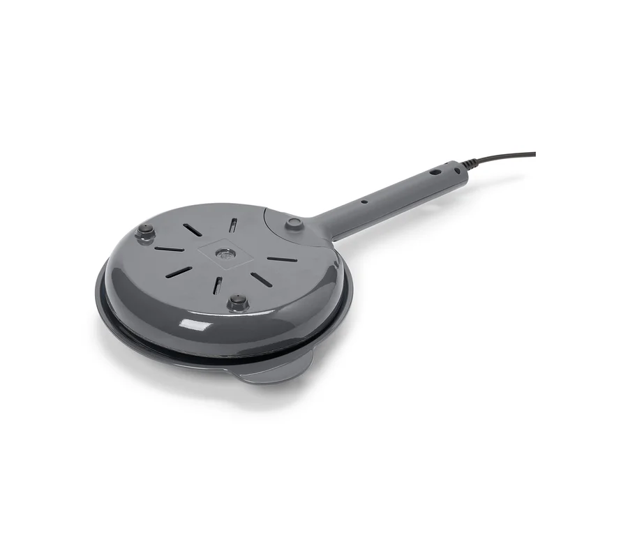 Grauer elektrischer Crêpe-Maker mit Antihaftbeschichtung und Kabel.