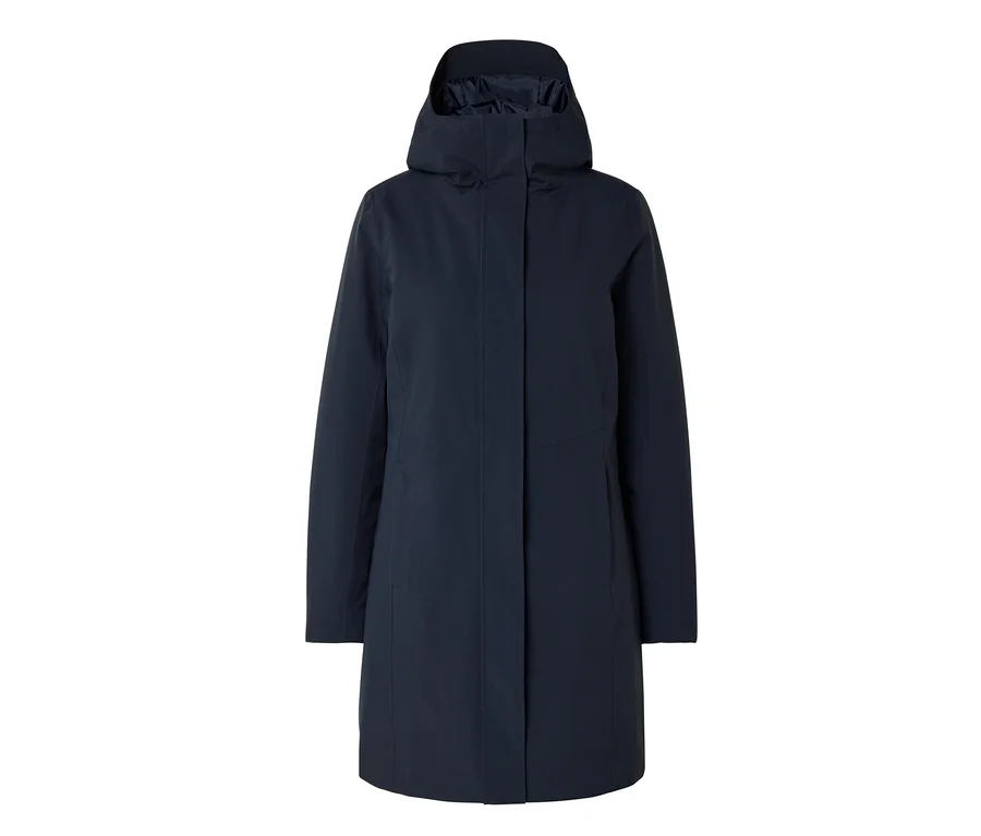 Dunkelblaue Regenjacke mit Kapuze, Frontansicht.