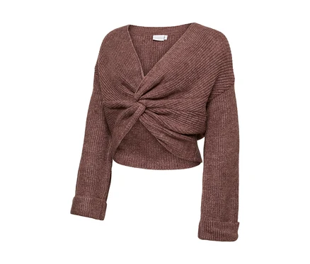 Mauvefarbenes, kurz geschnittenes MAMALICIOUS Stricktop SVALA mit V-Ausschnitt und gedrehtem Knotendetail vorne.