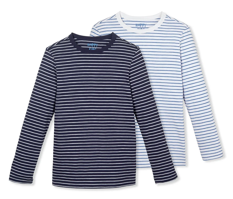Zwei Langarmshirts, eines dunkelblau mit weißen Streifen und eines weiß mit blauen Streifen.