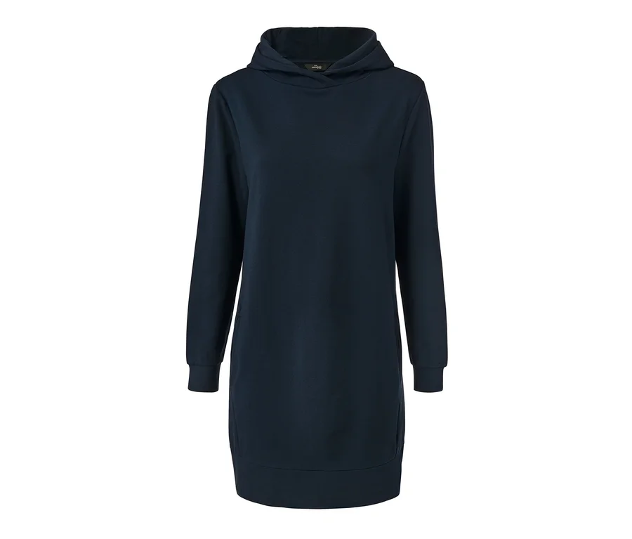 Dunkelblauer Loungewear-Sweater mit Kapuze und langen Ärmeln.