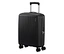 Kleiner schwarzer American Tourister Rejoy Spinner Koffer mit ausziehbarem Griff und vertikalen Rillen.