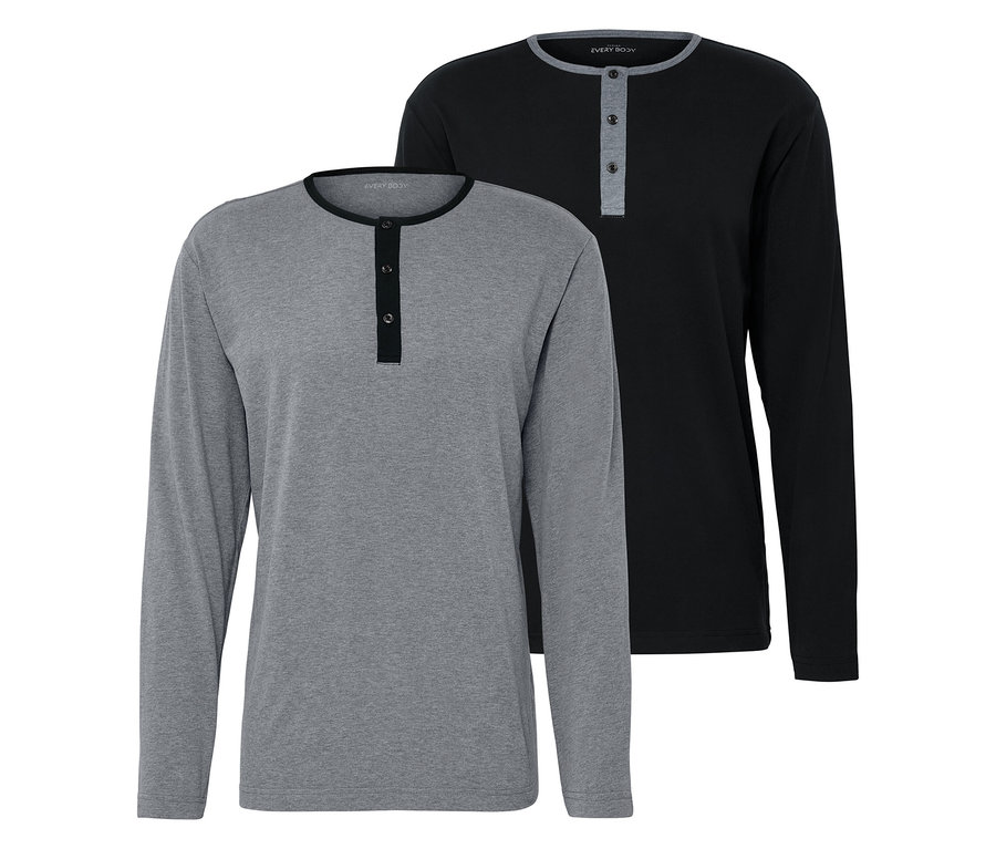 Zwei langärmlige T-Shirts mit Knöpfen, eines grau und eines schwarz.