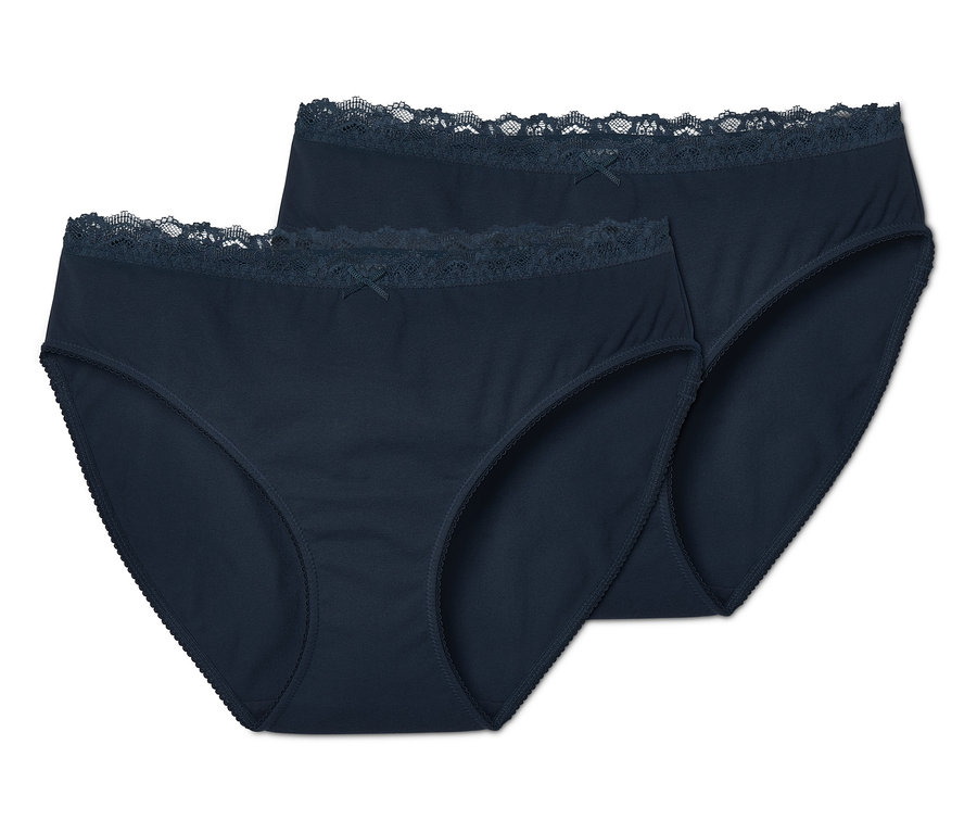 Zwei blaue Slips, 2 Stück, liegen übereinander und haben Spitze.