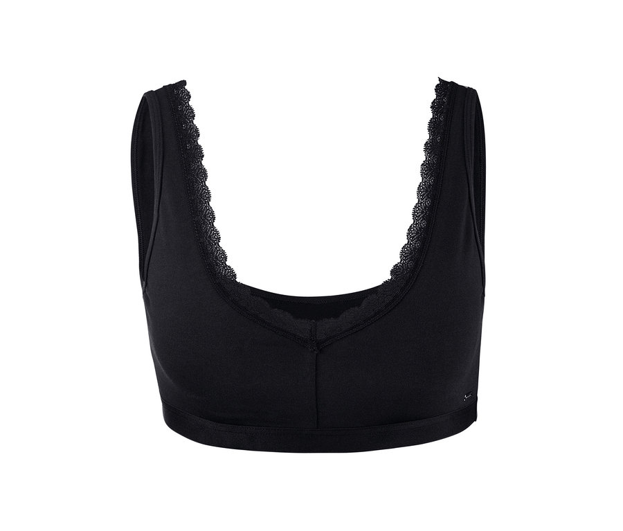 Schwarzes Bustier mit Spitzenbesatz.