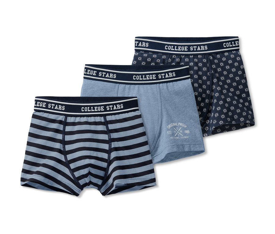 Drei Slipboxer: gestreift, hellblau und dunkelblau mit Muster.
