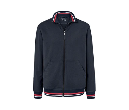 Marineblaue Sweatjacke mit rot-weißen Streifen an Kragen und Bündchen.
