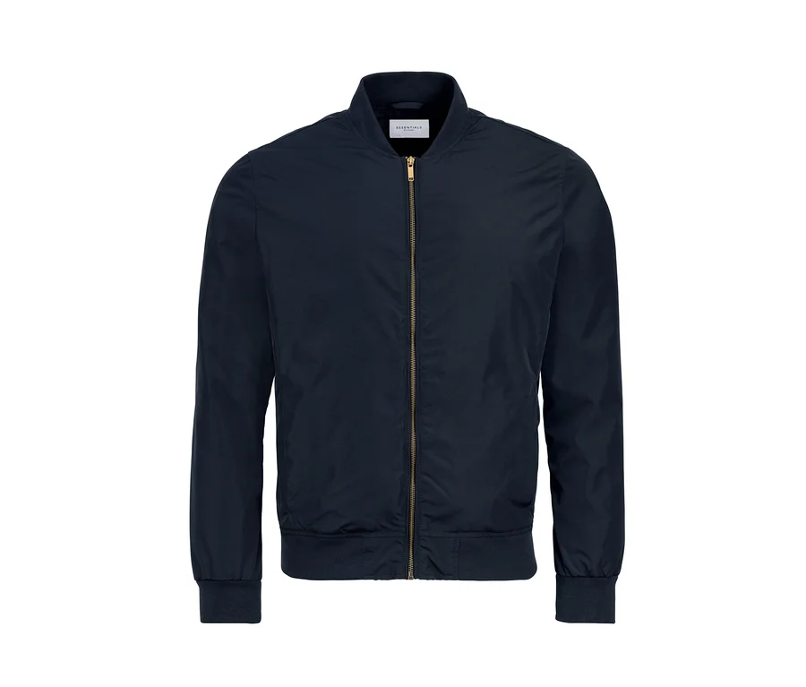 Eine marineblaue Blouson-Jacke mit Reißverschluss in der Mitte.