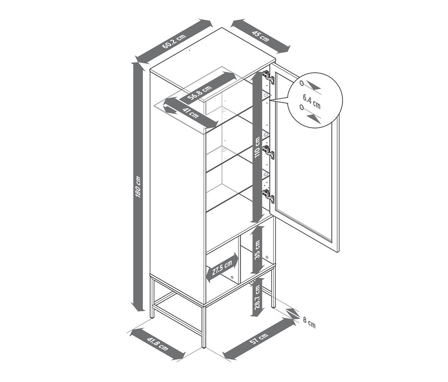 Eine Skizze einer Vitrine mit geöffneter Tür und Abmessungen.