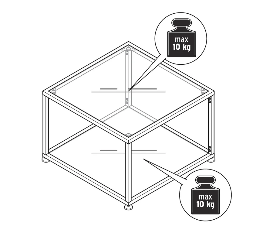 Abbildung eines Couchtischs mit Glasplatte, maximale Belastung 10 kg.