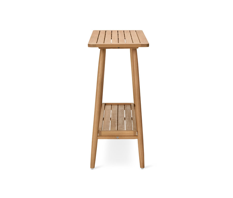 Ein Konsolentisch mit 2 Ebenen aus hellem Holz.