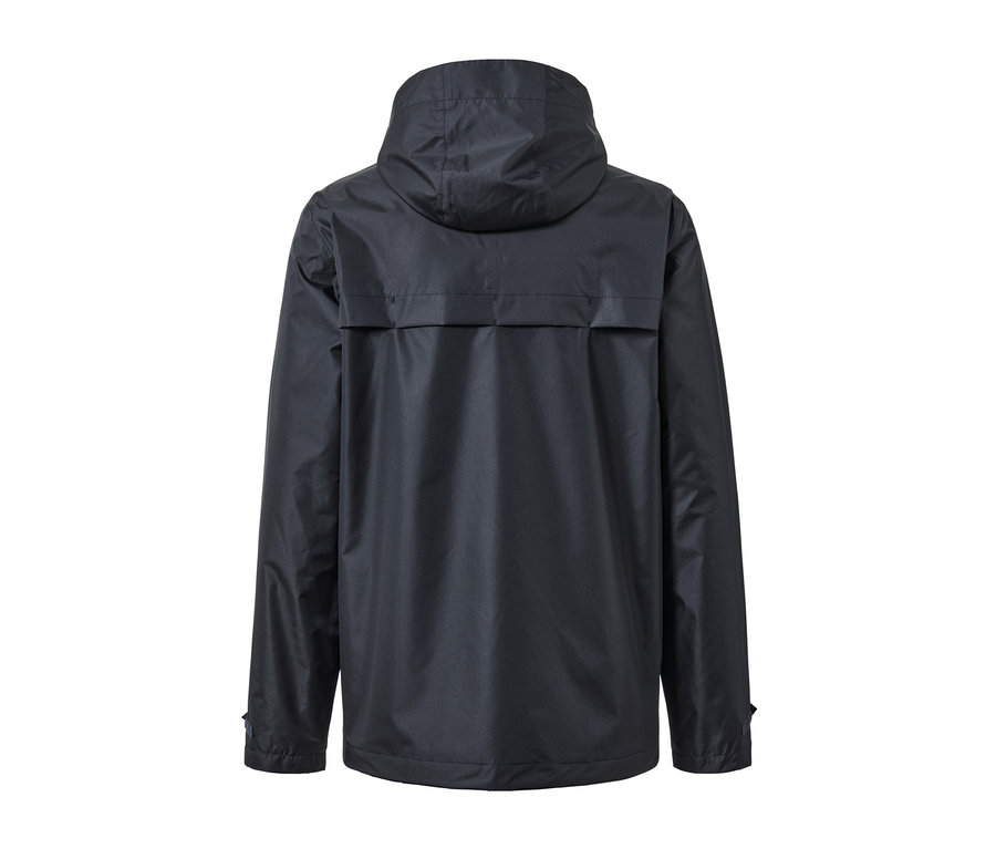 Detailansicht der Rückseite einer dunkelblauen Unisex-Regenjacke.
