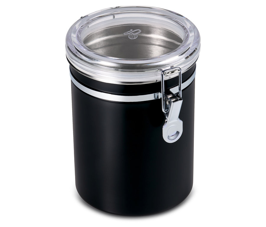 Eine schwarze Aromadose mit transparentem Deckel.