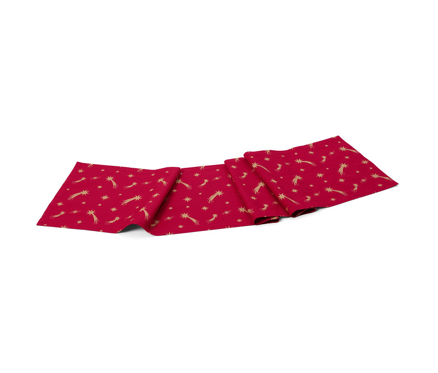 Ein roter Baumwoll-Tischläufer mit goldenen Sternen und Kometen.