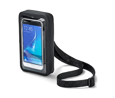 Schwarze 2-in-1-Smartphonetasche mit durchsichtiger Vorderseite und Schultergurt.