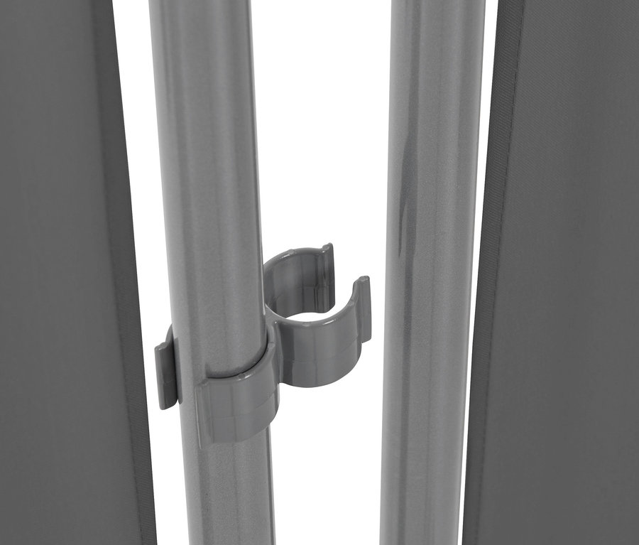 Detail einer anthrazitfarbenen, 3-teiligen Leco Stellwand.