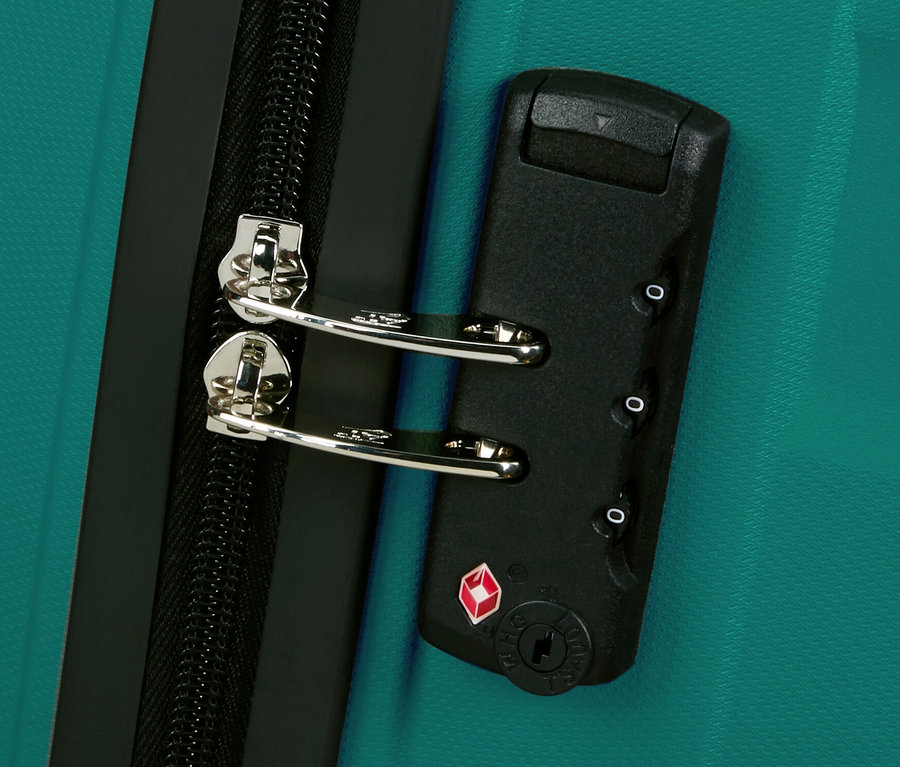 Detailansicht eines mittelgroßen, sportlich blaugrünen American Tourister »Jetdriver 3.0« Koffers mit Reißverschluss und Schloss.