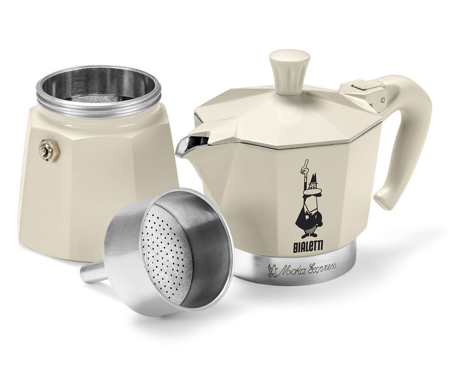 Ein zerlegter Espressokocher »Bialetti Moka Express« 190 ml in Creme.