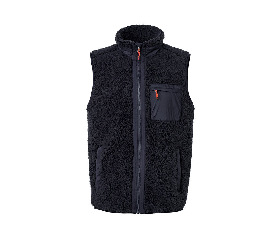 Dunkelblaue Teddy-Weste mit Taschen.