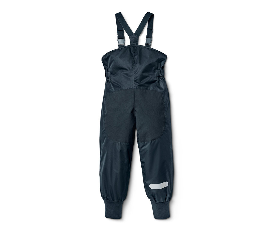 Dunkelblaue Kinder-Regenhose mit Mitwachsfunktion, Latz und Reflektorstreifen am Bein.
