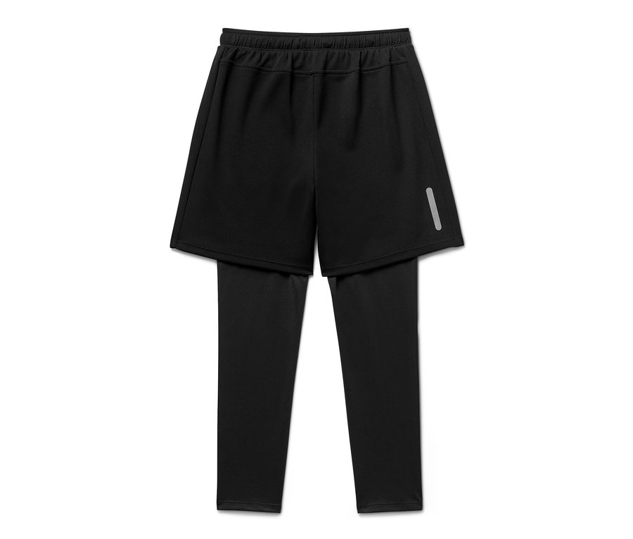 Schwarze Kinder-Sporttight mit Shorts auf weißem Hintergrund.