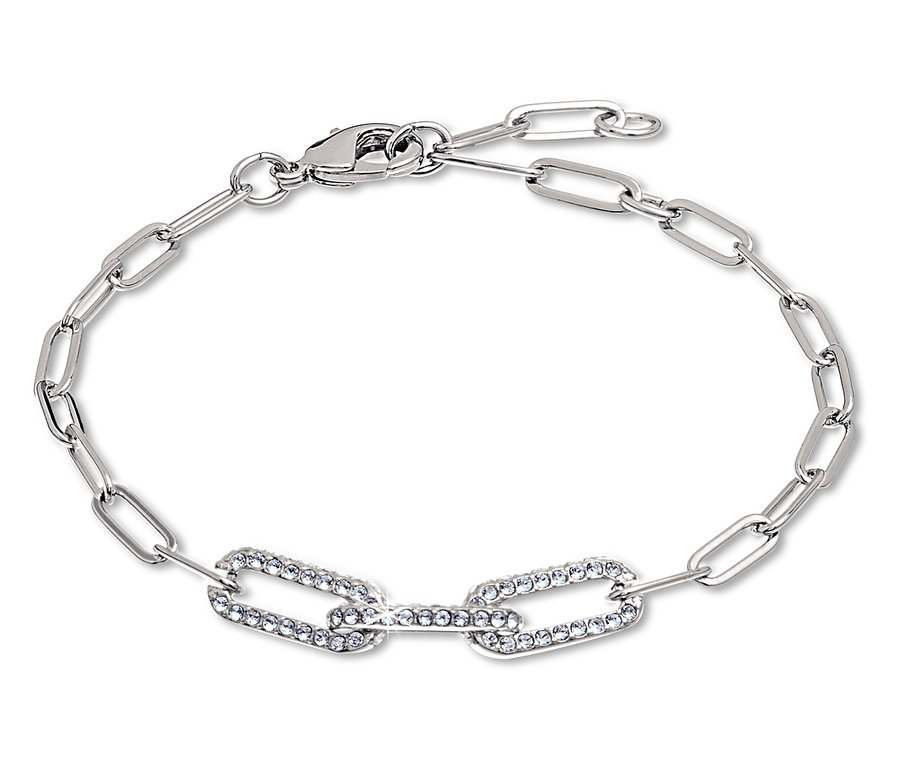 Silbernes Armband mit rechteckigen Gliedern, zwei davon mit Steinen verziert.