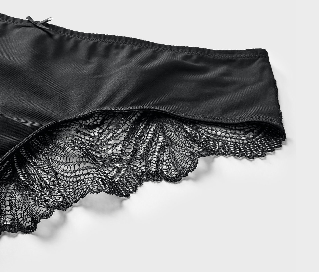 Detailansicht eines schwarzen Brazilslips mit Spitze.