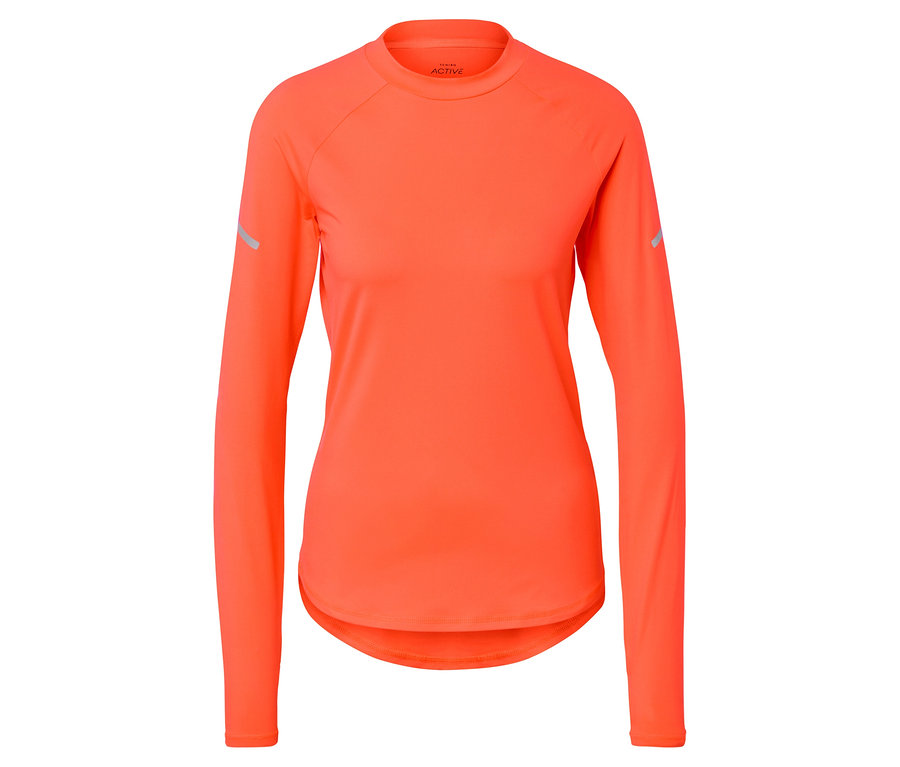 Orangefarbenes Funktionsshirt mit langen Ärmeln.