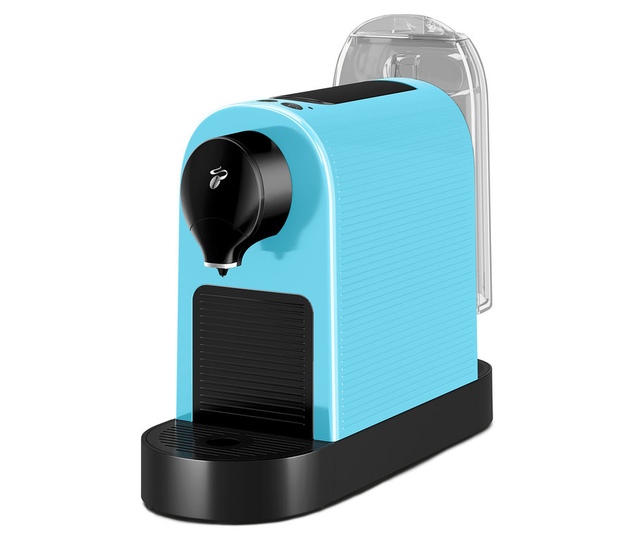 Hellblaue Kaffeekapselmaschine mit schwarzem Auslauf und transparentem Wassertank.