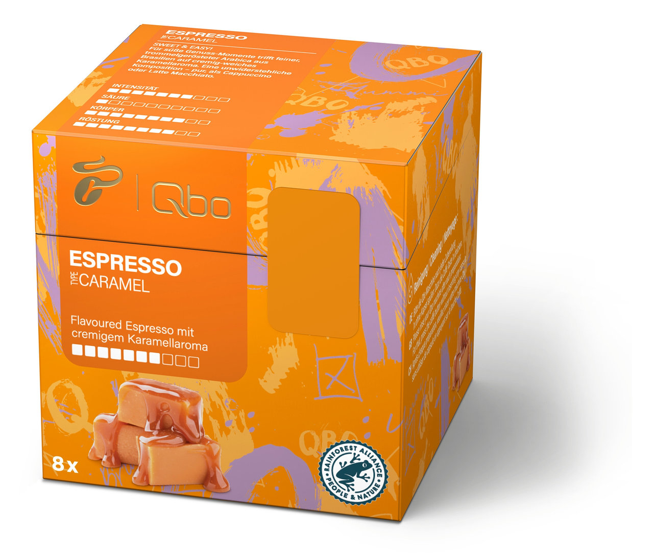 Eine Packung Qbo Flavoured Selection - 24 Kapseln mit Karamellgeschmack.