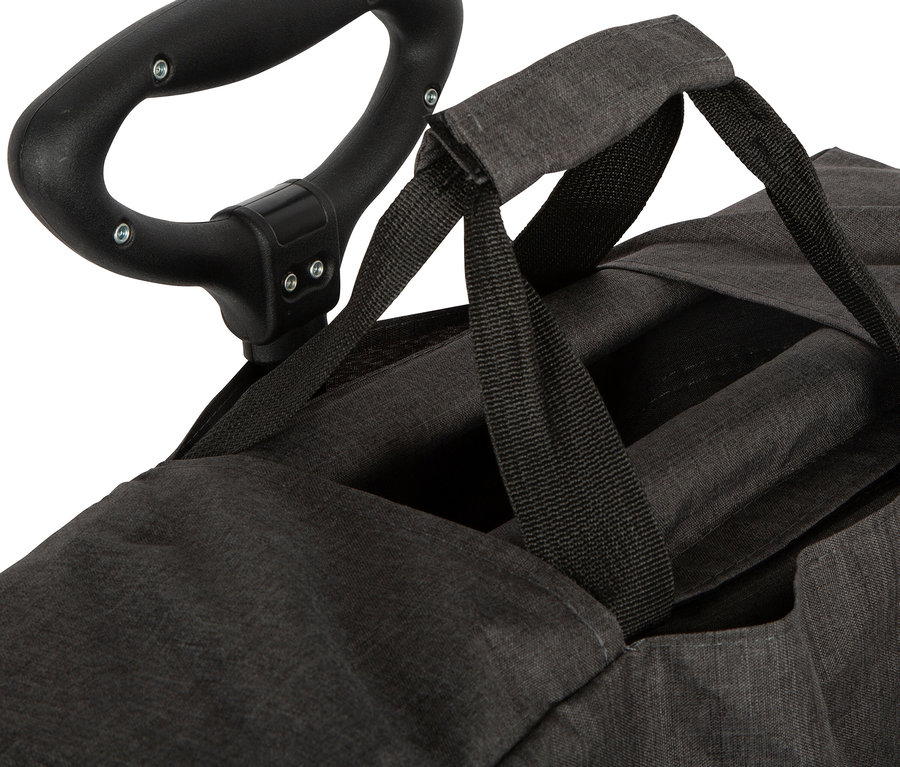 Detailansicht des Griffs und der Oberseite eines zusammenklappbaren small foot Bollerwagens mit schwarzem Stoff.