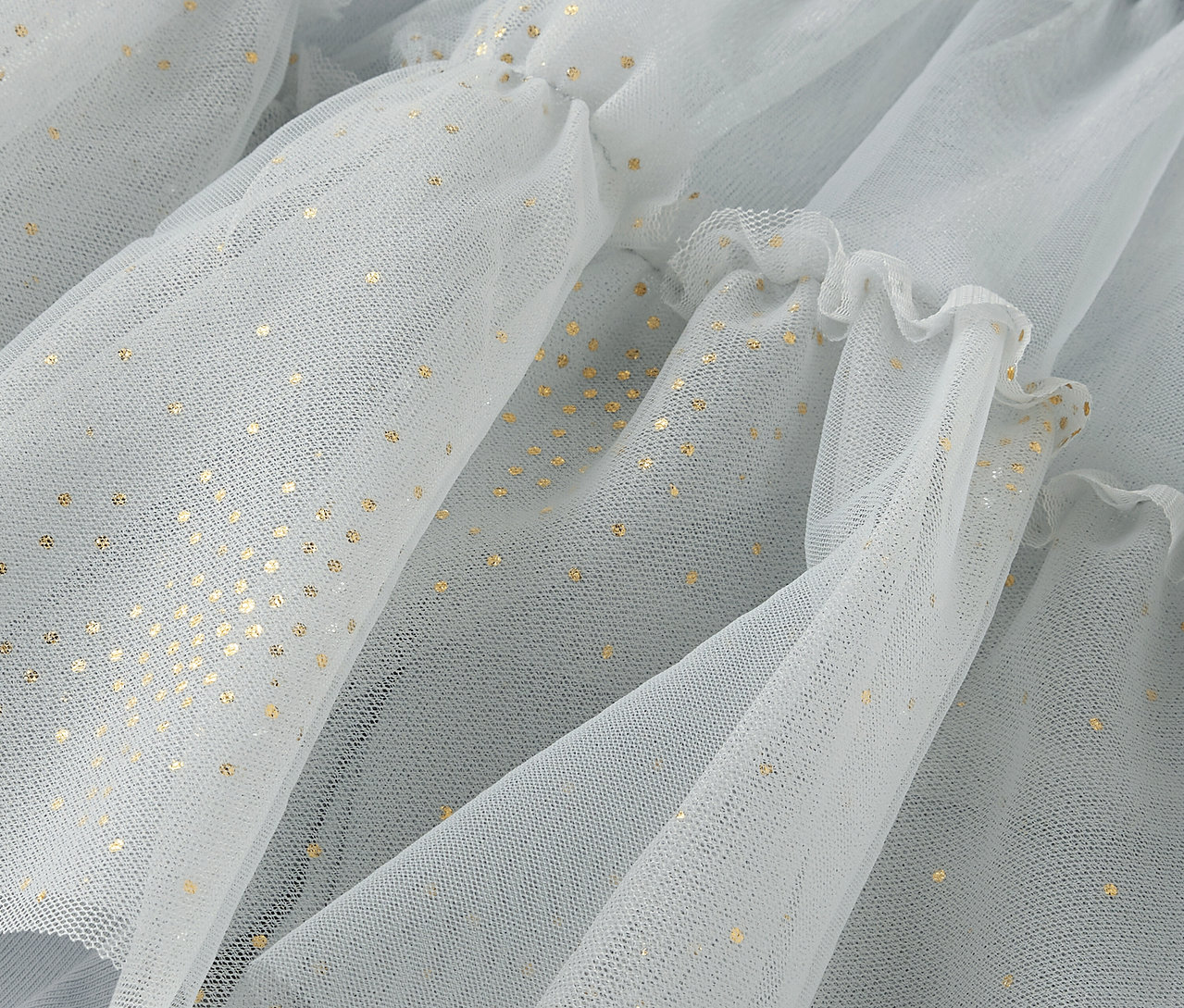 Detailaufnahme von hellblauem Tüllstoff mit goldenen Punkten und Rüschen.