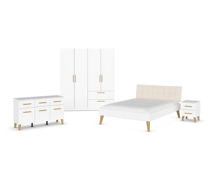 Weißes Bett mit Kopfende, Nachttisch, Kommode und Kleiderschrank.