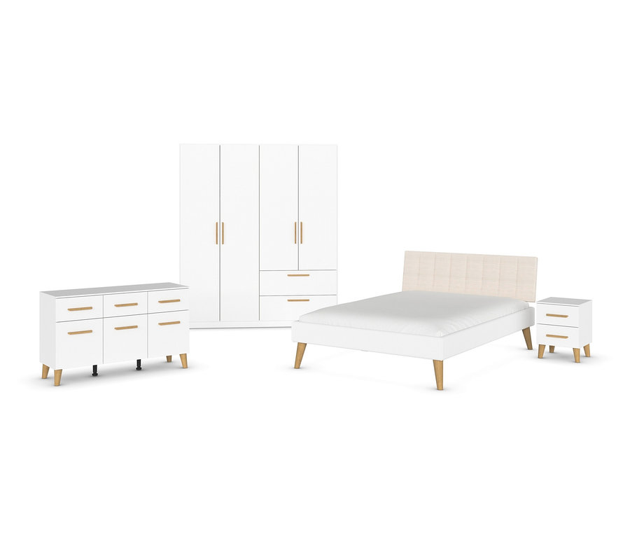 Weißes Bett mit Kopfende, Nachttisch, Kommode und Kleiderschrank.